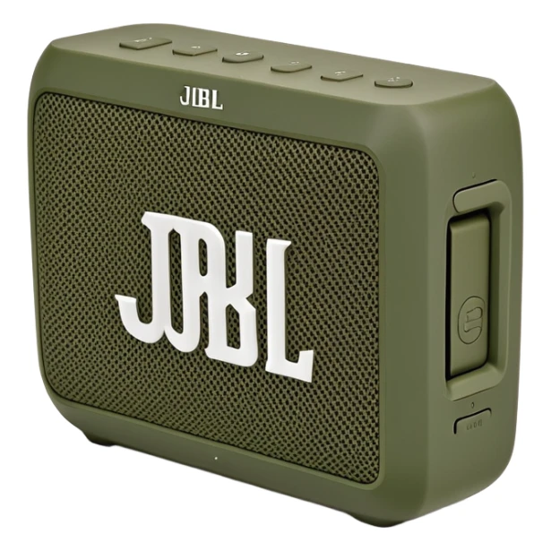 JBL Go 4 portable speaker in khaki green color, compact rectangular shape with rounded corners, front view showing speaker grill and JBL logo sticker