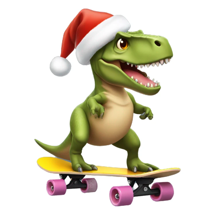 Trex on a skateboard wearing a Santa hat sticker