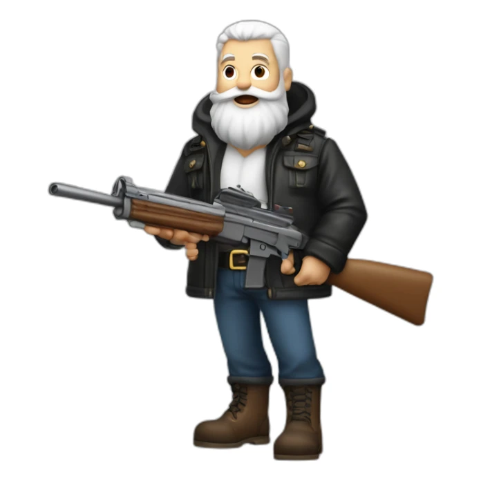 biff wiff santa beard wearing a leather jacket (full body, ios17) holding a large automatic rifle sticker