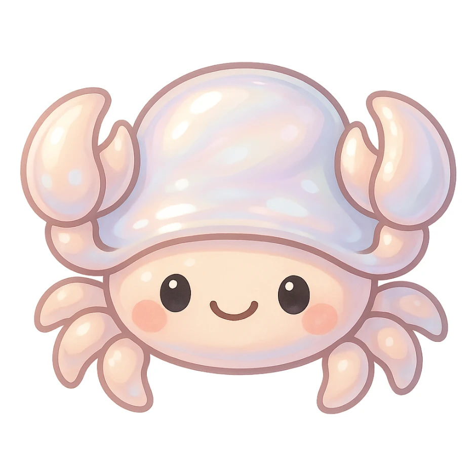 chibi-style crab in pearl tones, glossy shell, sweet smile, no background sticker