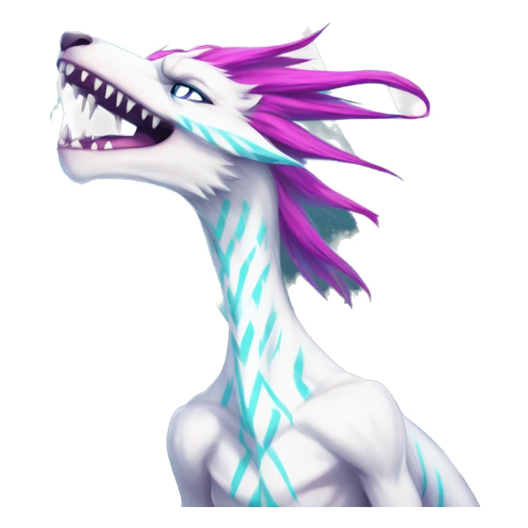 White badass elegant wild beautiful natural cute badass epic anthro modern albino sergal-vernid-creature with cyan mane and magenta eyes with cyan edgy stripes, full body, blue pretty hair, outside, modern, aesthetic, art by LiLaiRa, art by art by Falvie sticker