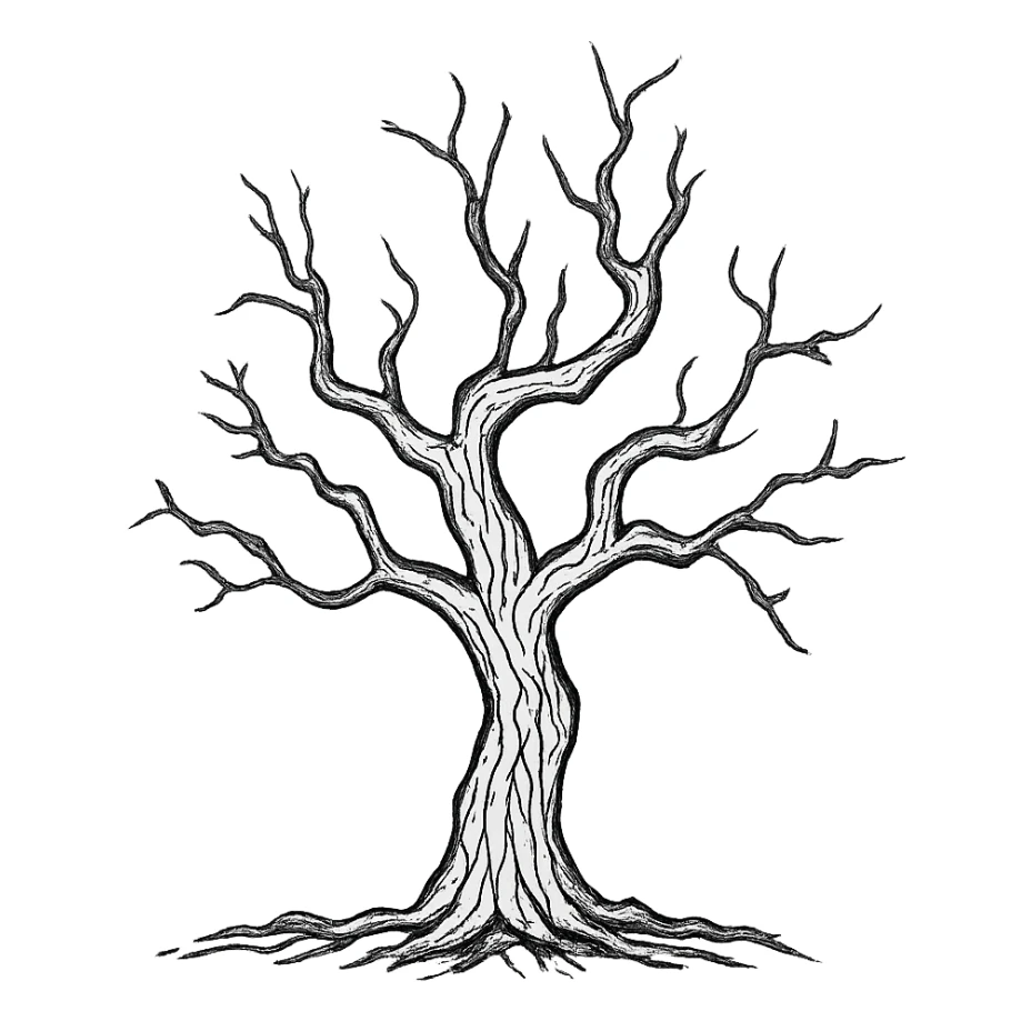A creepy tree in a drawn style, closer to vector art, with clear black outlines, distinct shadows and highlights, old cracked bark texture, shape and bends matching the reference image, no gradients, only sharp color transitions. sticker