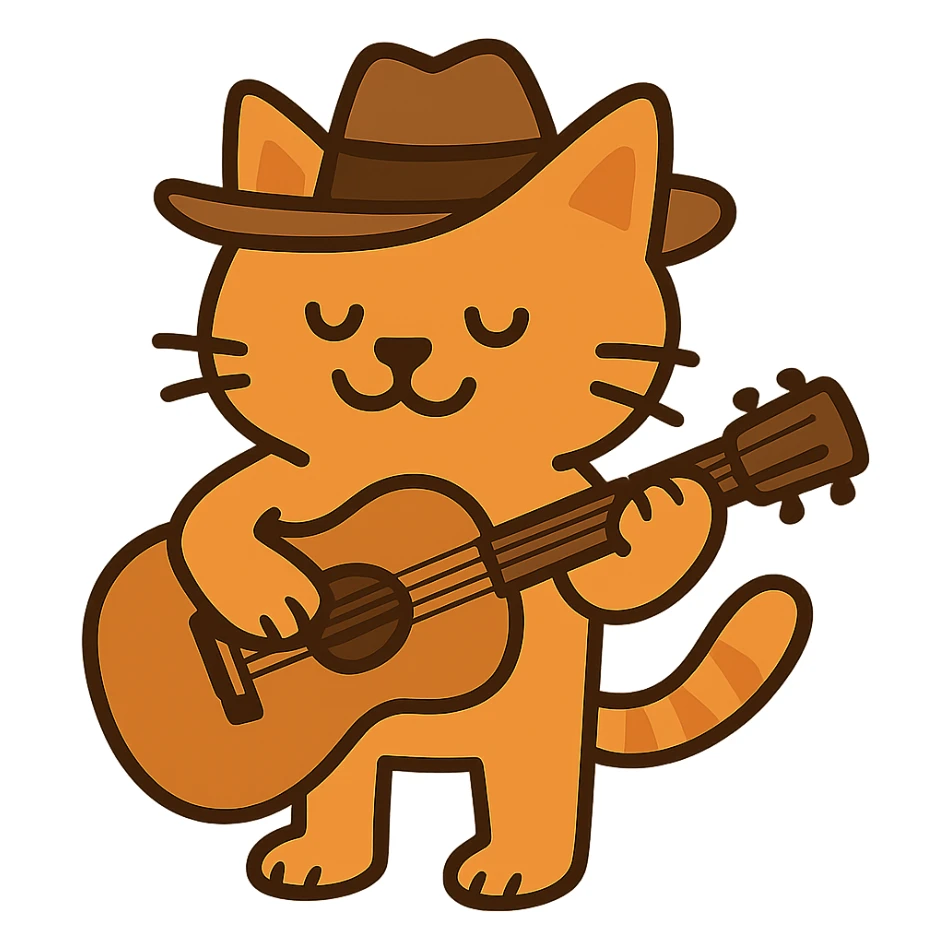 flat toon orange cowboy cat strumming an acoustic guitar  sticker