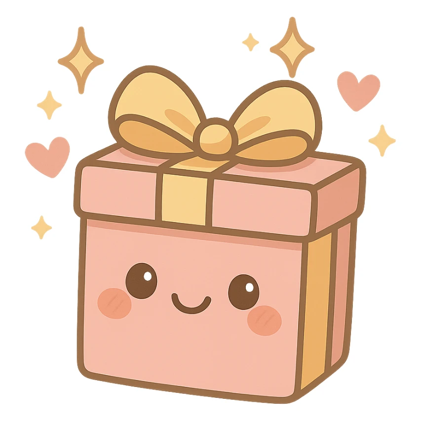 cute gift box with sparkling stars and hearts, smiling wrapping paper, remove background sticker