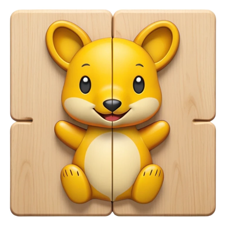 A wooden puzzle animal character with interlocking pieces and a happy expression sticker