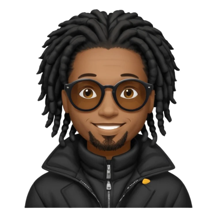 African American man brown skin complexion with black dreadlocks shoulder length wearing black bubble winter coat wearing black sunglasses sticker