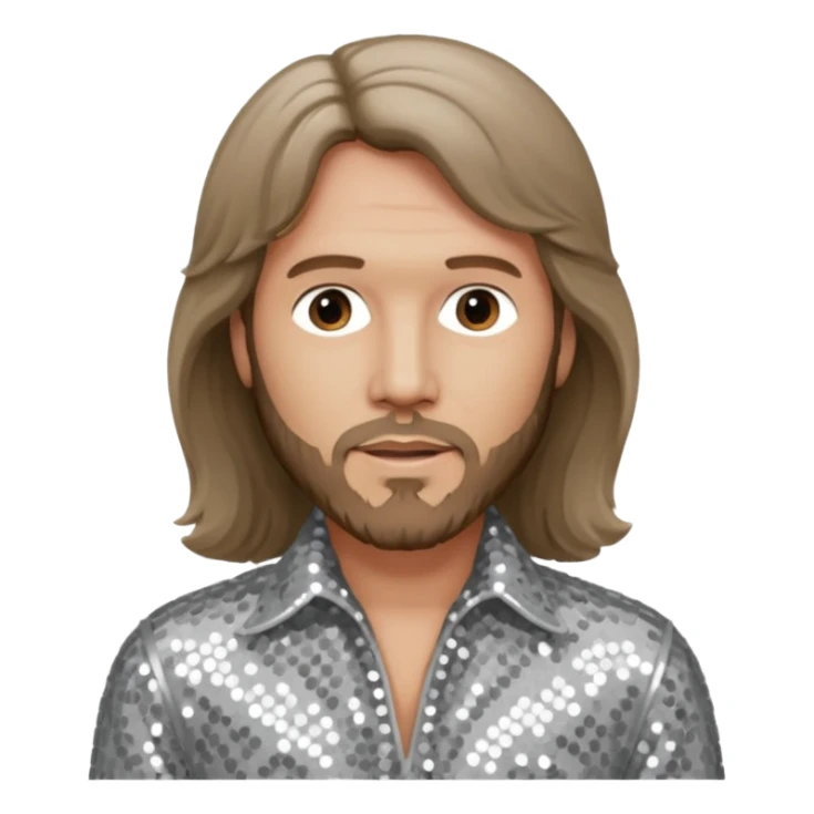 Barry Gibb from Bee Gees with light grey sequin outfit, long brown hair sticker