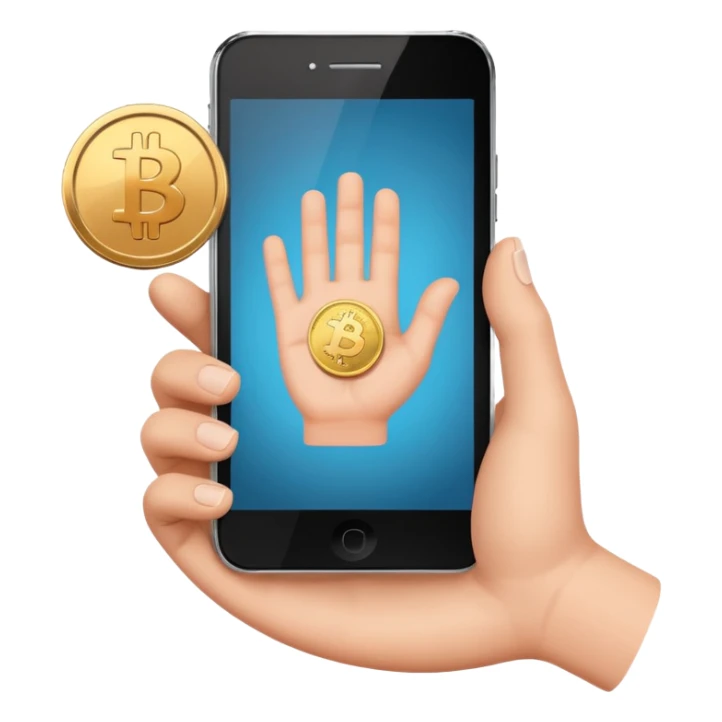 hand holding a phone showing a play icon and coin sticker