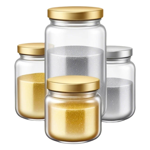 Cinematic Realistic Glitter Jars, elegant glass containers filled with ultra-fine shimmering gold and silver dust, light catching the tiny specks in a mesmerizing glow, slightly open lids revealing the rich, sparkling texture inside, set against a softly blurred background, radiating a sense of enchantment and wonder. sticker
