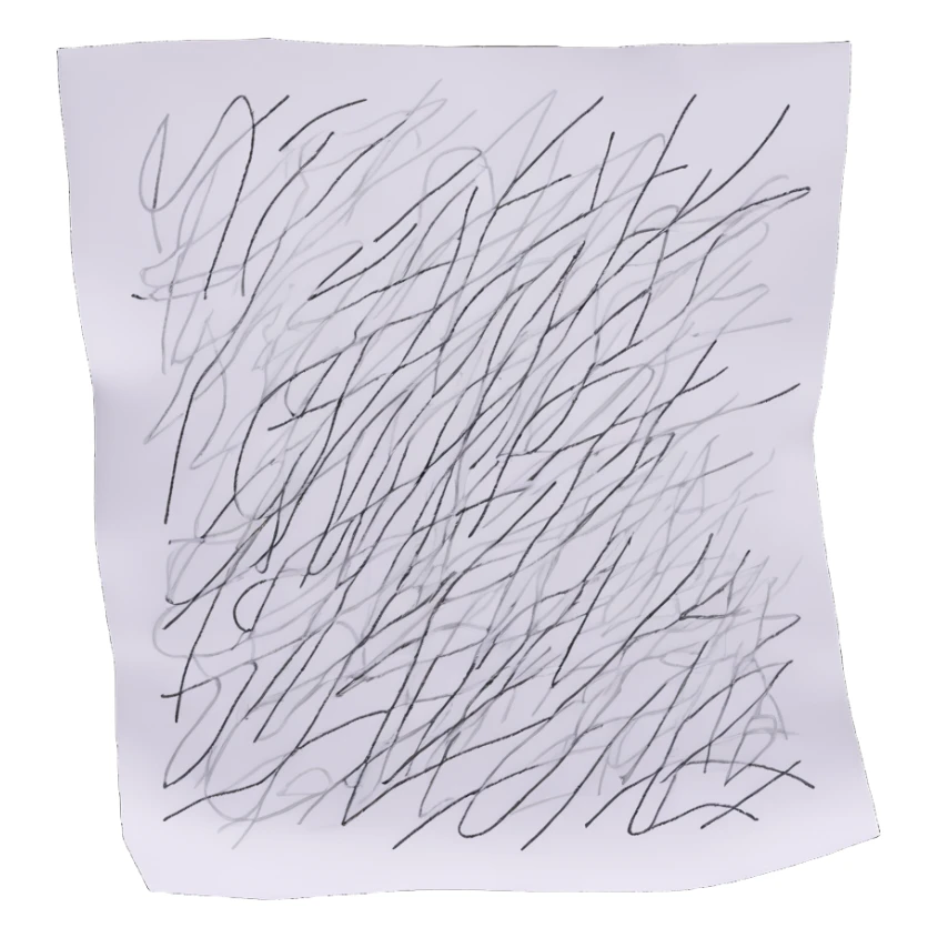 A piece of paper covered in chaotic, random black scribbles. The lines are so dense that most of the paper looks almost black from over-scribbling. Drawn with a pen or pencil sticker