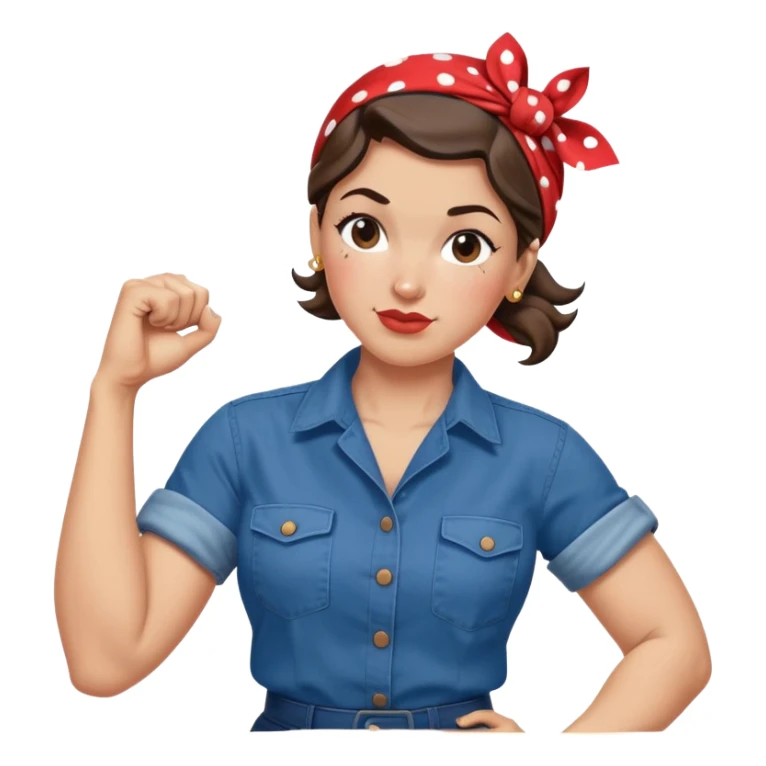 Rosie the Riveter in traditional pose flexing right arm, blue work shirt, red polka dot bandana, confident expression sticker