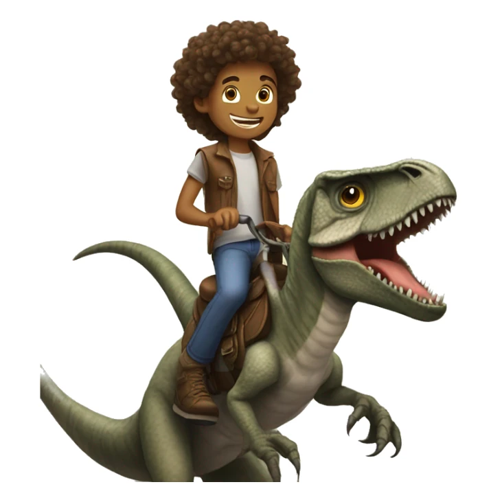 Boy with long curly hair riding velociraptor  sticker
