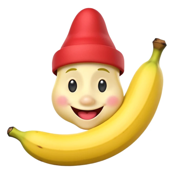 A 3D cartoon banana with a red nose and tiny hat, smiling face, playful pose, Memoji-style. sticker