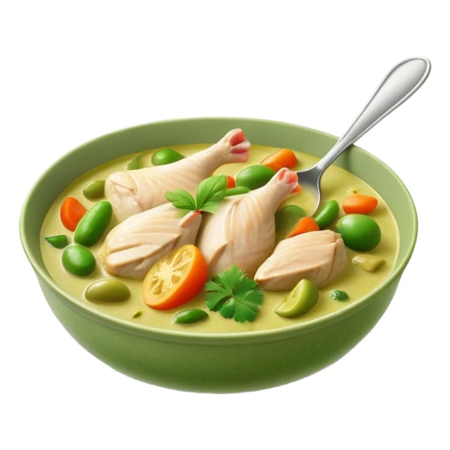 Cinematic Realistic Green Chicken Curry Dish Emoji, depicted with tender chicken simmered in a fragrant green curry sauce with vegetables rendered with rich textures and dynamic, vibrant lighting. sticker