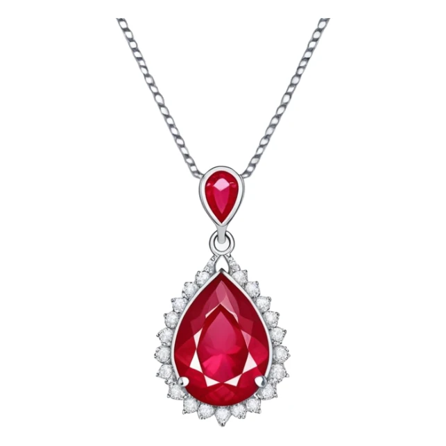 teardrop ruby pendant on silver chain, surrounded by white stones and radiant aura sticker