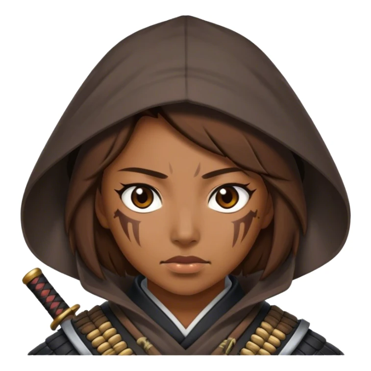  a brown hair female samurai warrior with a hood and scars  sticker