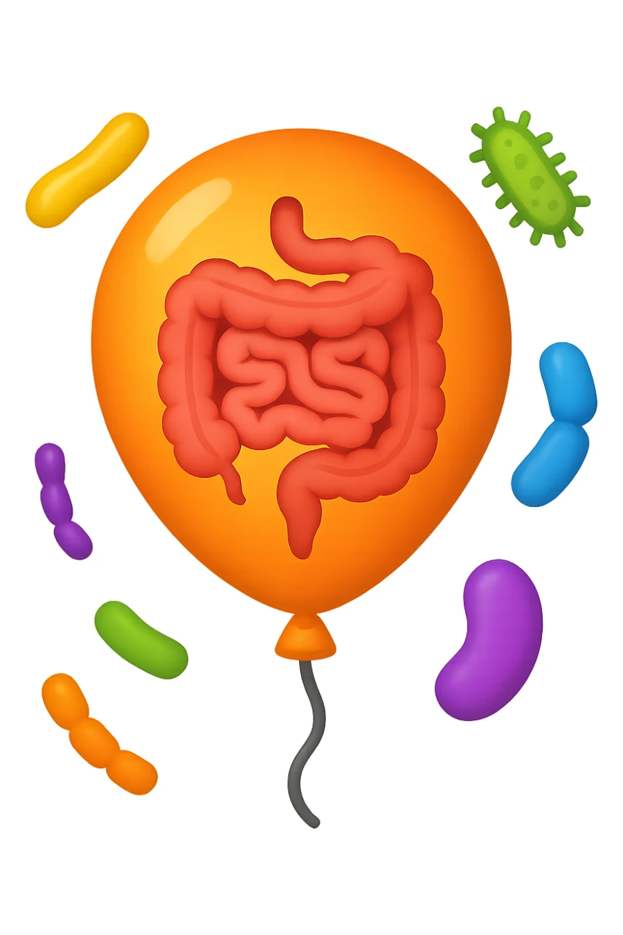 emoji stile iphone di un palloncino con intestino dentro e batteri intestinali intorno sticker