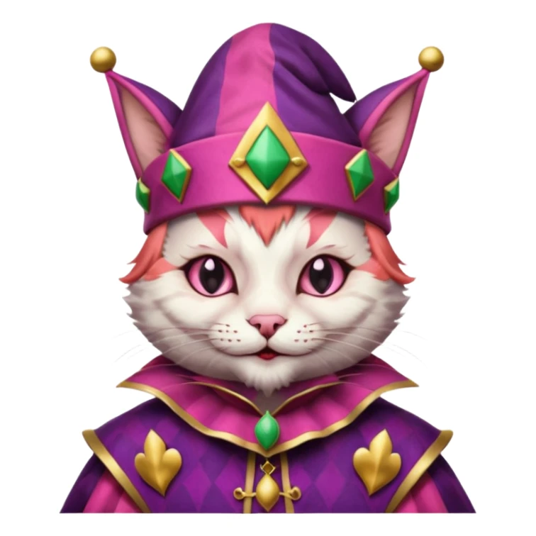 court jester cat medieval, single poker card joker clearly visible, pink, face only, court jester cap sticker