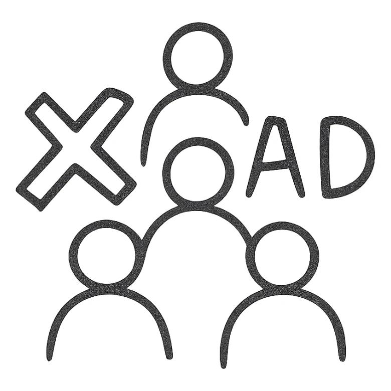 hand drawn black outline icon, symmetrical, a group of people arranged in a pyramid shape, with a large cross symbol and the word 'bad' behind them sticker