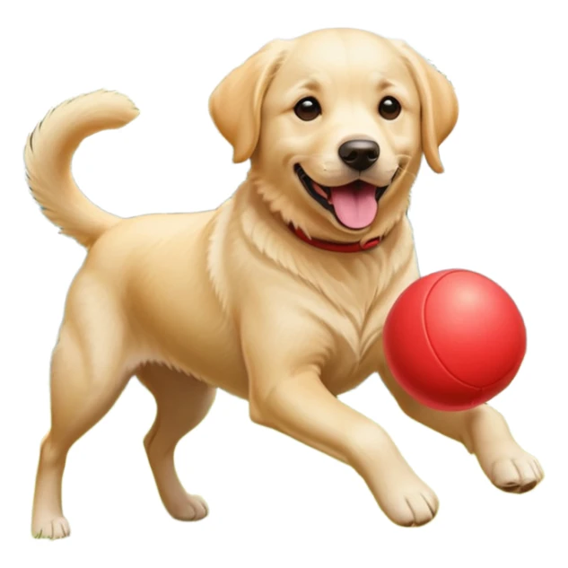 A Labrador Retriever playing fetch with a ball in a backyard garden, mid-action with joyful expression. Natural sunlight, realistic motion blur, outdoor realism. sticker