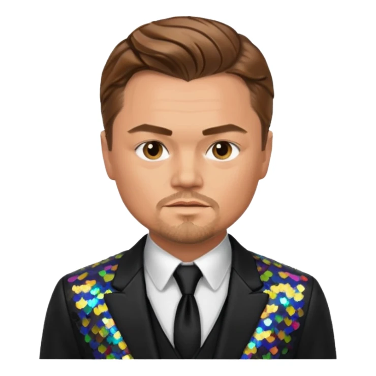 Leonardo DiCaprio with light brown hair, black sequin suit sticker