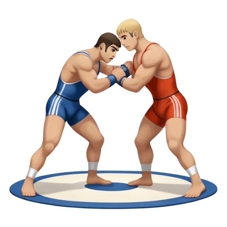 An icon symbolizing Greco-Roman wrestling, showing two wrestlers locked in a powerful grip, focusing on upper-body techniques. The background features a wrestling mat, with the athletes wearing traditional singlets. Transparent background highlights the strength and skill of the sport. sticker
