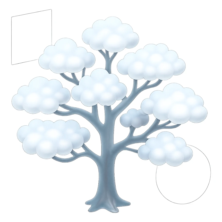 one tree with many branches, each branch covered with many small, very bright white, fluffy, convex clouds, matte glass style, saturated white color of clouds, minimalist background sticker