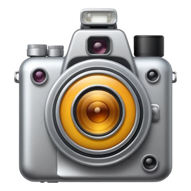 Minimal emoji icon of a modern metalic camera, front view, simple shapes, realistic lens,  sticker