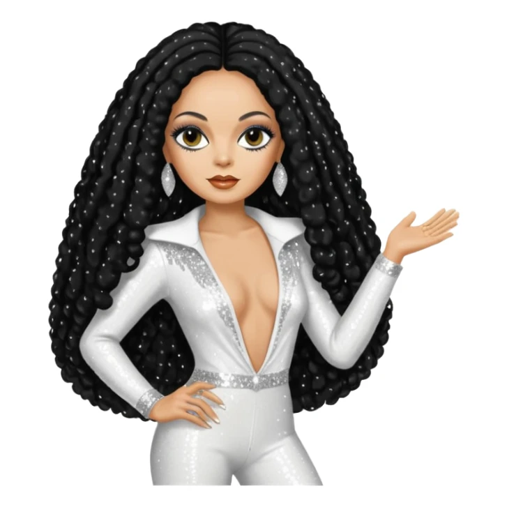 Diana Ross with long jet black hair, white sequin outfit sticker