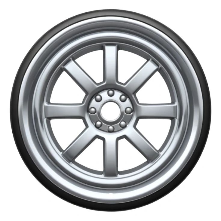 A chrome car wheel emoji, polished silver metal rim, smooth circular shape, minimal futuristic design, soft reflections, iOS emoji style, centered on white background, ultra clean look sticker