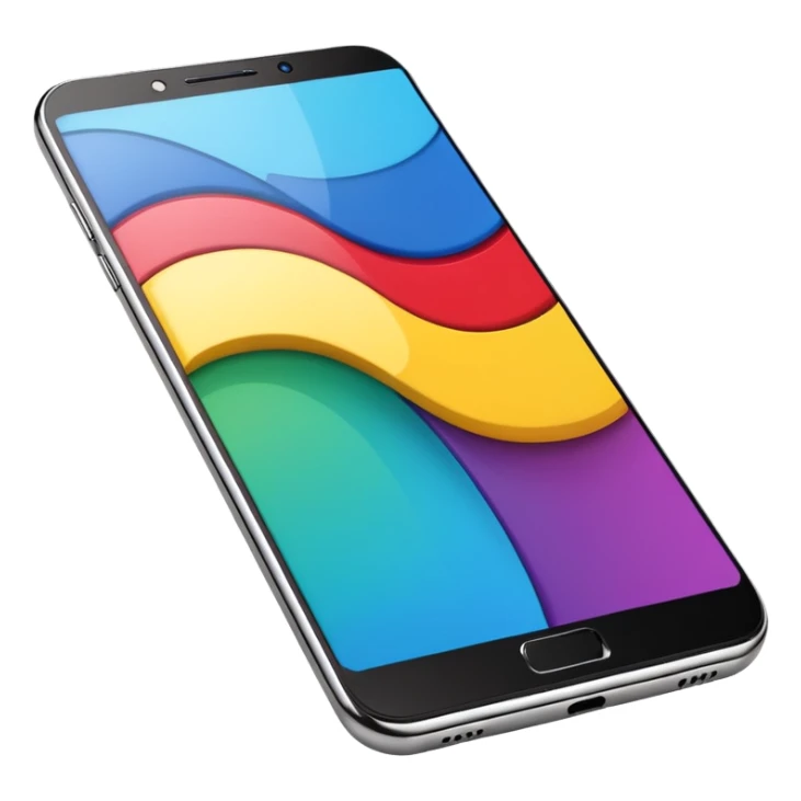 modern smartphone in 3D chrome metallic style, highly reflective and shiny, colorful screen, realistic details sticker