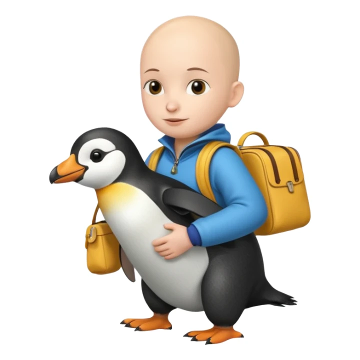 Una persona, vestida con ropa característica de peru sin pelo montado a espaldas de un pingüino con una bolsa de la empresa de reparto glovo en la espalda sticker