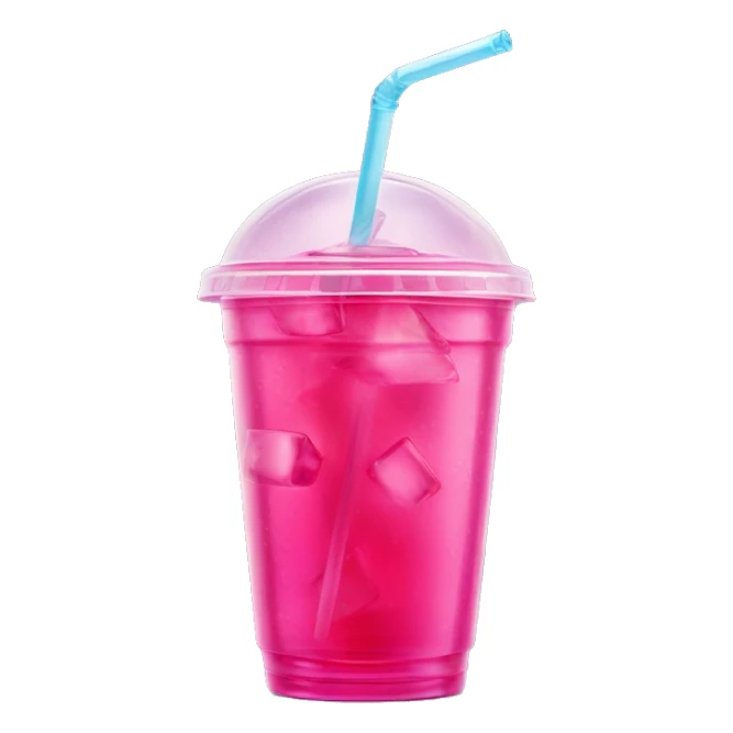 Realistic plastic cup and lid with Transluscent hot pink soda and large ice cubes inside and one straw through the top of the lid. sticker