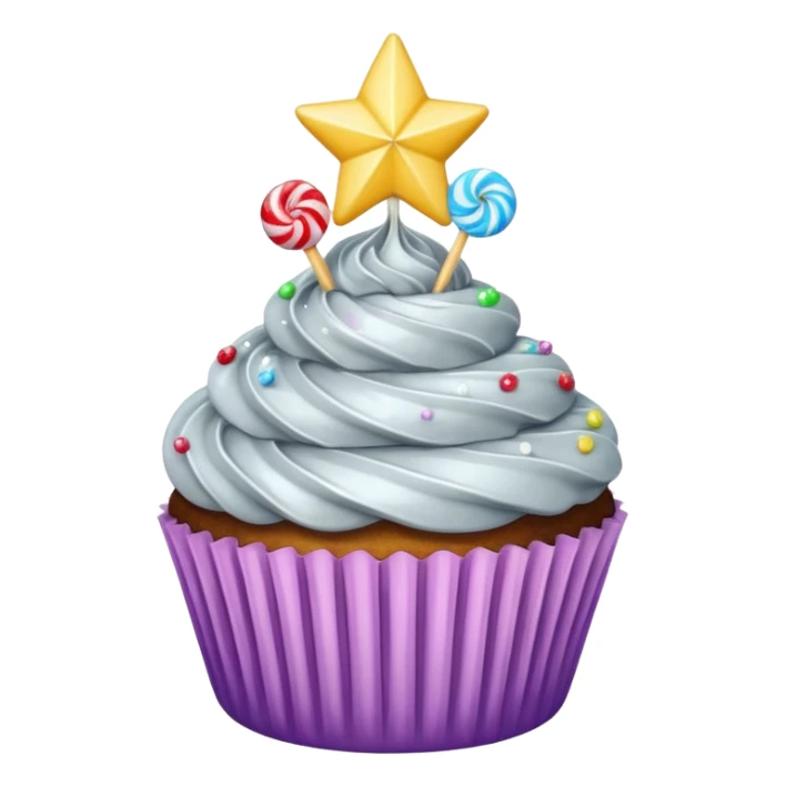 cupcake with silver frosting and a star-shaped candy sticker