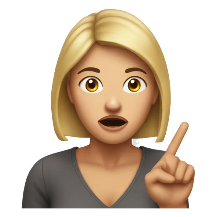 Woman who is quited shocked and pointig finger to her head sticker