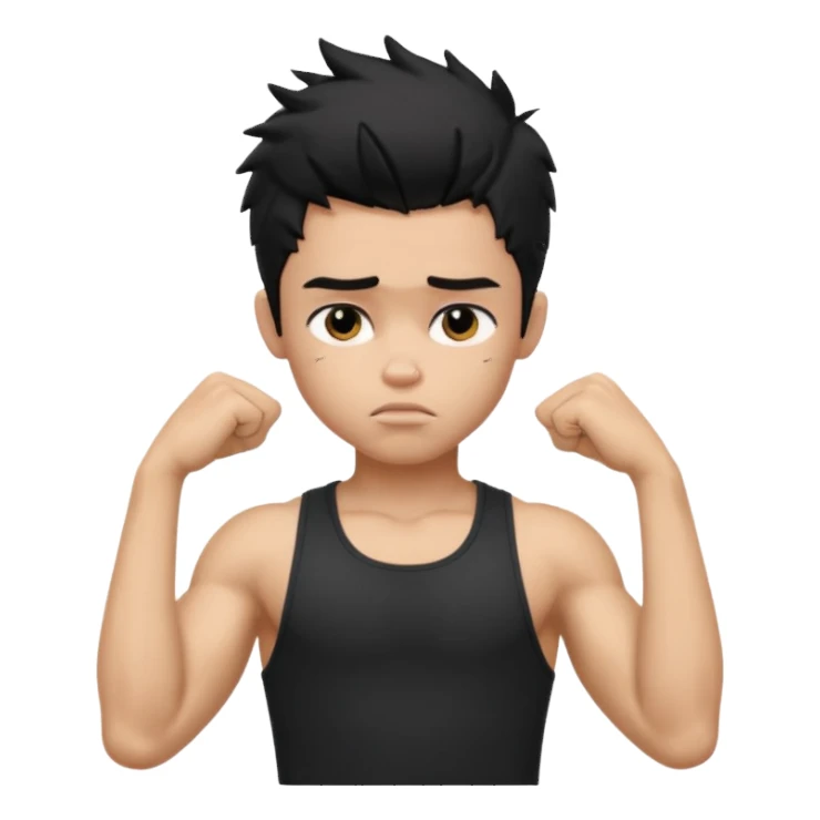 a PRETTY BRATZ boy with black messy hair, one hand on head. looking sad. lean biceps sticker