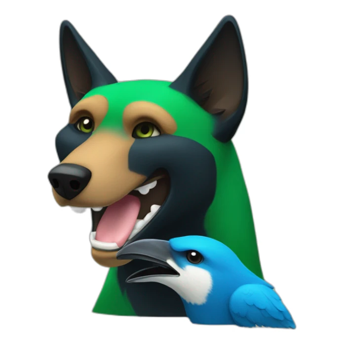 Anthropomorphic black and green dingo kissing a blue anthropomorphic bird sticker