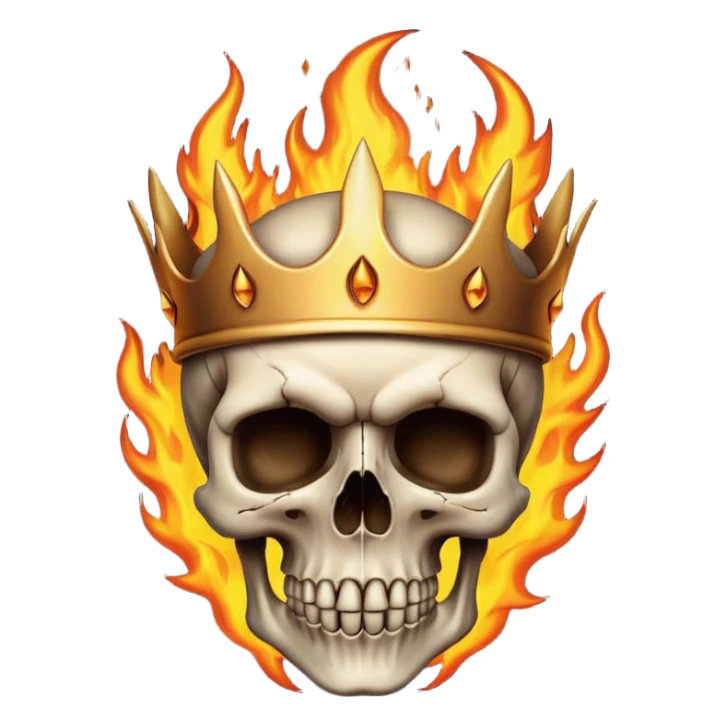 A detailed skull crowned by realistic flames, gothic metal aesthetic, high contrast, soft neutral background, subtle shadow, emoji-style icon, clean edges, digital illustration. sticker