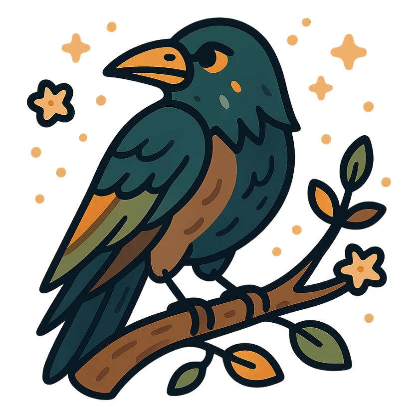 A mysterious crow perched on a branch, surrounded by a soft, magical atmosphere. The crow’s feathers are deep, dark hues with hints of golden orange (FA9B41), forest green (4A7C5C), muted taupe brown (96775A), and pastel peach (FFCC9A) subtly blending into its plumage. The branch is weathered and textured, with small leaves in green and peach tones, and delicate flowers or tiny sparks floating around. The lighting is soft and ambient, casting a warm, mystical glow over the scene, creating a quiet yet enchanting atmosphere. The crow’s sharp eyes and poised posture add to the mysterious, slightly gothic vibe of the moment. sticker