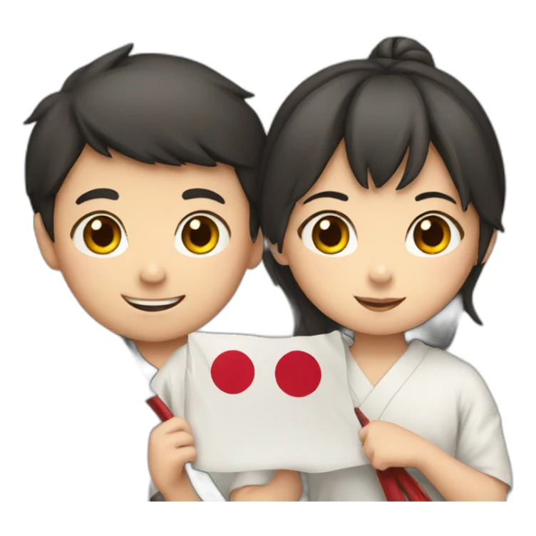 boy and girl holding Japanese flag sticker
