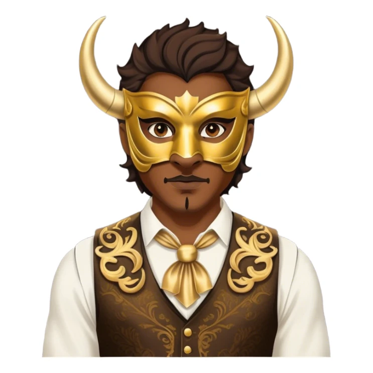 a man, with a vest,  wear half-face golden Buffalo masquerade mask sticker