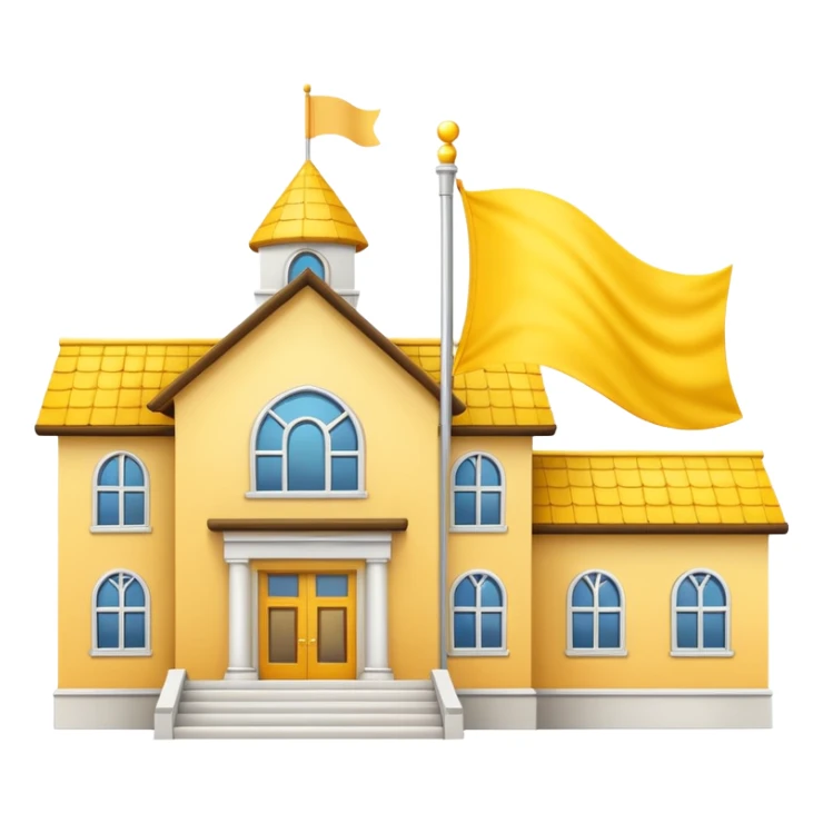 white background, magic school, with a big flag, big flag on a roof, big yellow flag, white school sticker