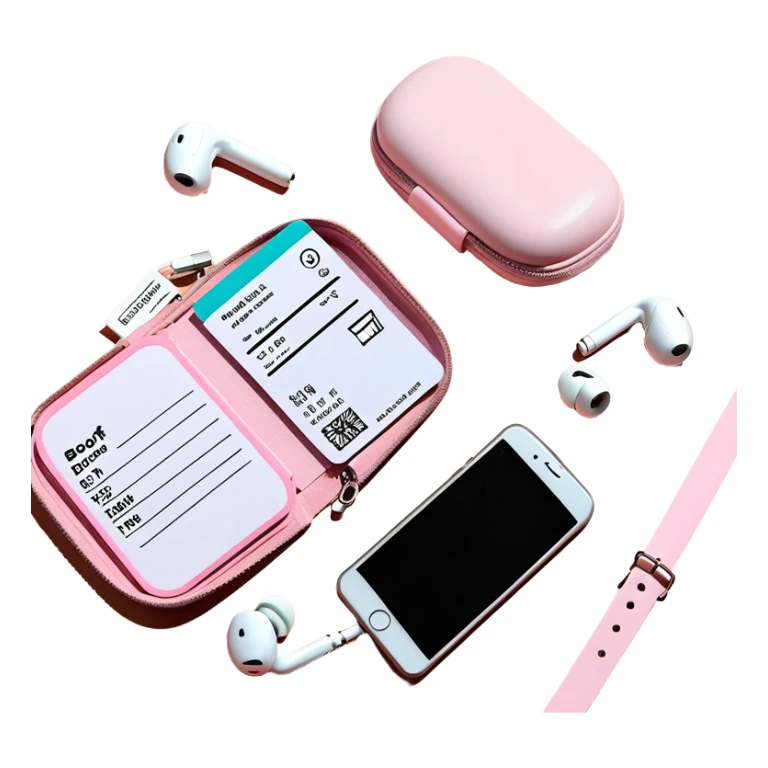 Minimal travel essentials flatlay: pastel pink pill case, earbuds case, boarding pass on light fabric sticker
