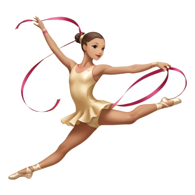 A graceful rhythmic gymnast performing with a flowing ribbon, executing an elegant leap mid-air. The pose exudes flexibility, balance, and artistry. The background suggests a competition arena with soft lighting, emphasizing movement, precision, and the beauty of the sport. sticker