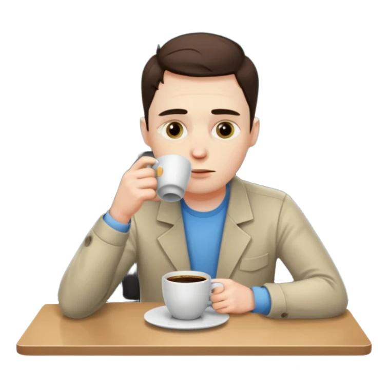 tired programmer with dark circles under his eyes drinks coffee sitting at a desk sticker