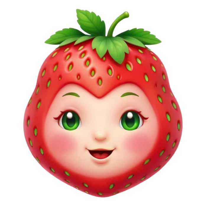Cinematic plump happy strawberry, glossy bright red, tiny round eyes and blushing cheeks, green leafy top slightly tilted, cheerful and charming. sticker