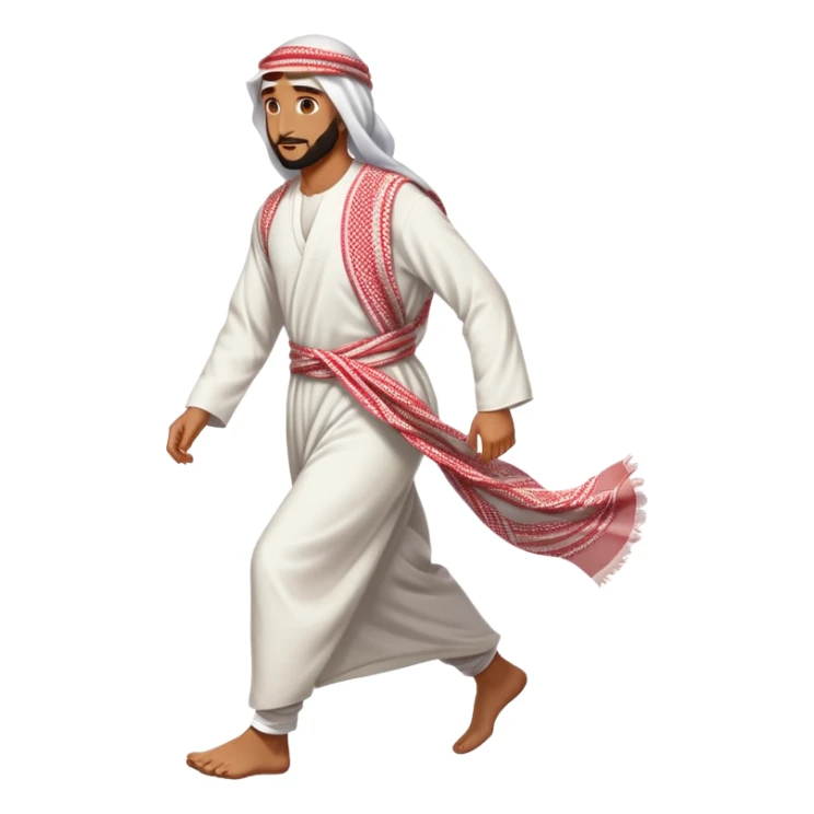 Arab man walking, traditional thobe and keffiyeh, mid-stride sticker