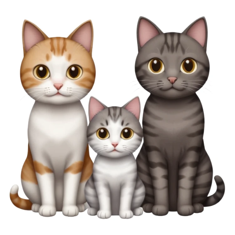 3 different coloured short haired cats including; a dark brown tabby and white cat, and a dark grey and white  sticker