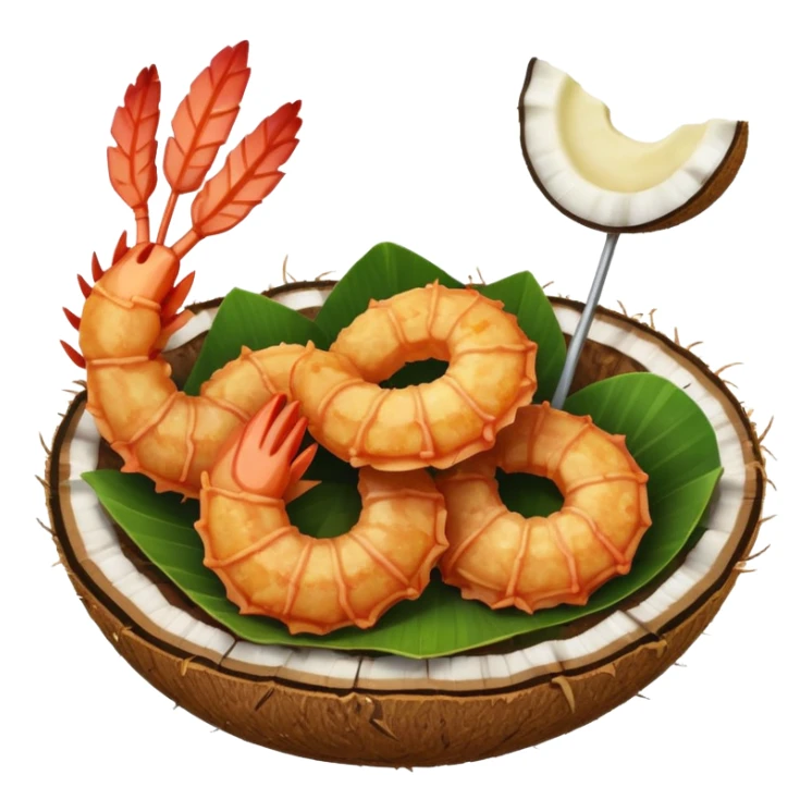 coconut shrimp, shrimp with coconut shell garnish, simple apple emoji style sticker