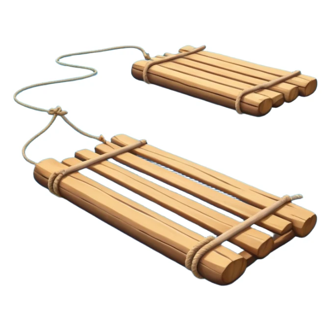 showing a simple wooden raft floating on calm blue water — made of several brown logs tied together with rope — gentle ripples around it — bright, cheerful lighting and soft shadows — minimalist, clean emoji design sticker